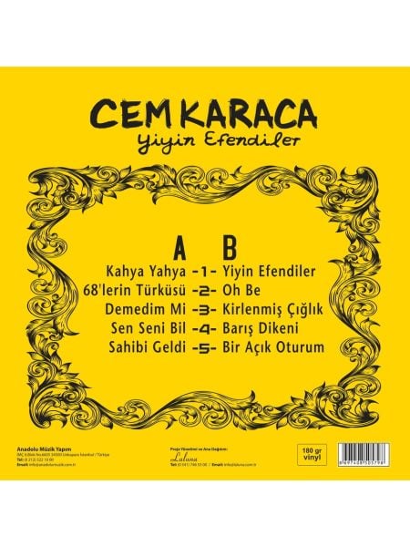 CEM KARACA - YİYİN EFENDİLER - 180GR SARI RENKLİ PLAK